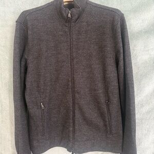 Ralph Lauren Gray Herringbone double Zip Up Sweater with Knit Fabric zip cuffs